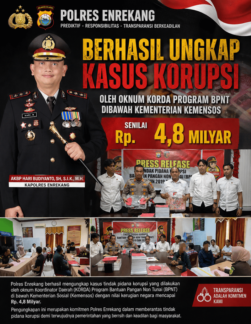 Era Kepemimpinan Kapolres AKBP Hari Budiyanto, Polres Enrekang Ungkap Korupsi BPNT Rp4,8 Miliar, Dua Tersangka Ditetapkan