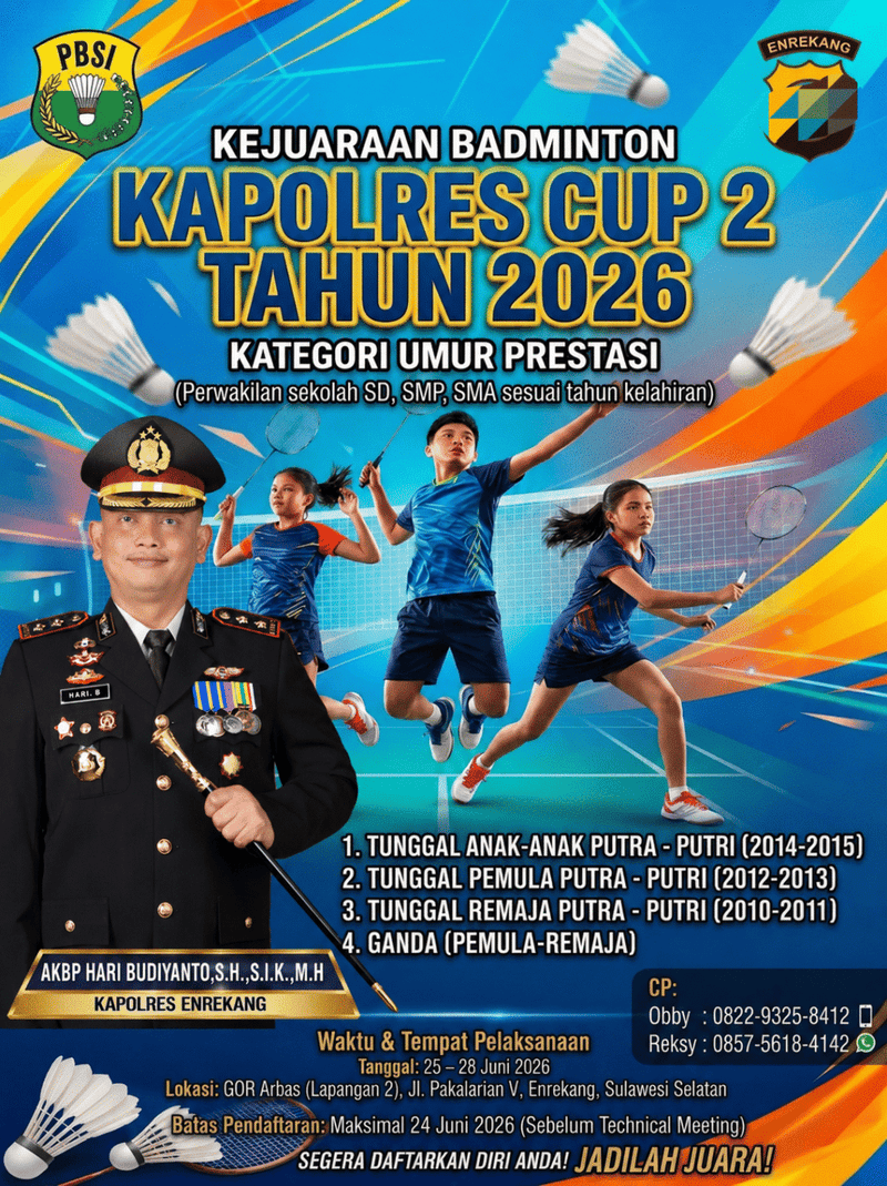 Semarak HUT Bhayangkara ke-80, Polres Enrekang Gelar Kejuaraan Badminton Kapolres Cup II Tahun 2026