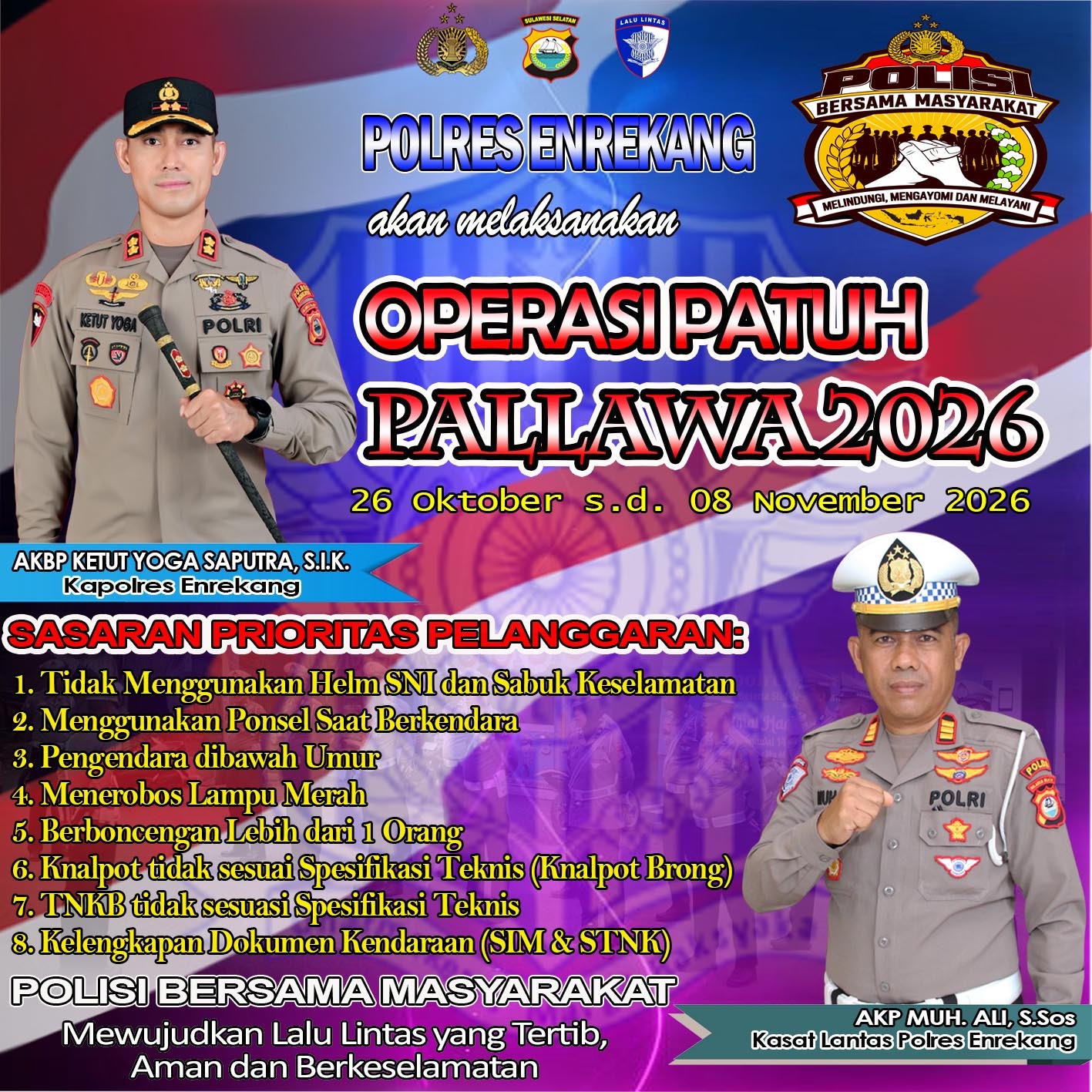 Mulai Besok Operasi Patuh Pallawa 2026 Dimulai, Kasat Lantas Polres Enrekang  Ingatkan Delapan  Pelanggaran Prioritas